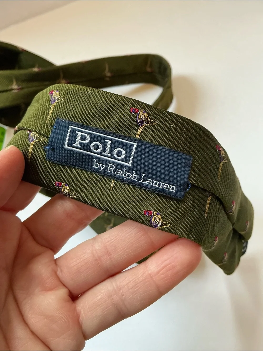 Polo Ralph Lauren Green Silk Necktie, Pheasants, Hunting, Made in Italy